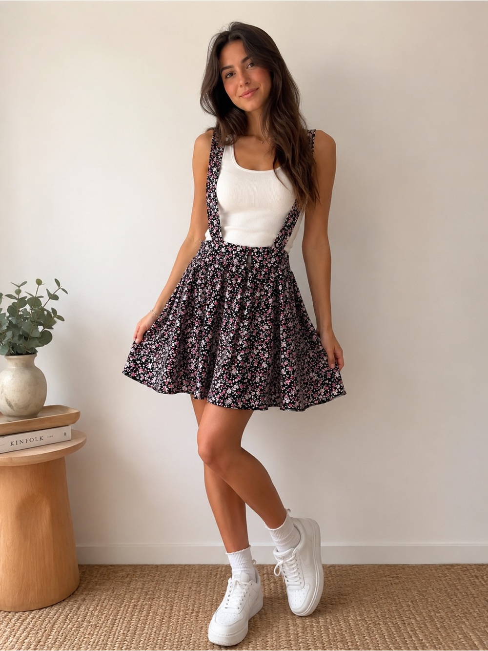 Atmosphere Atmosphere Black Mini Suspender Skirt with Pink Floral